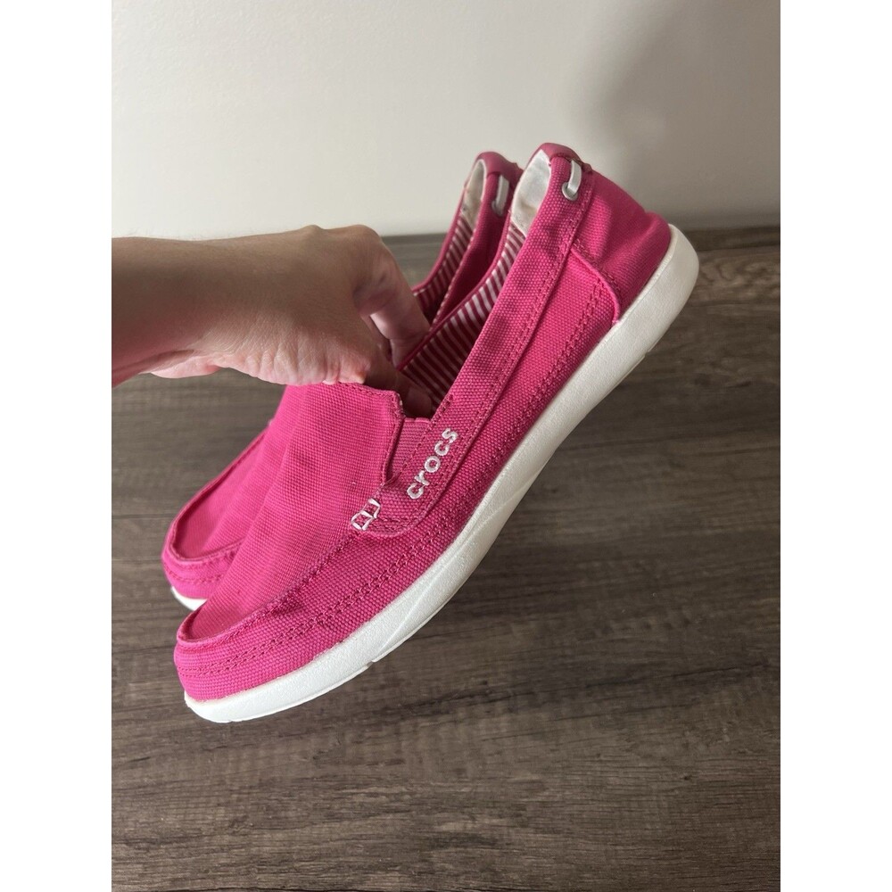 CROCS women size 9 Pink Canvas Slip-On LOAFER BOAT SHOES - Picture 8 of 12
